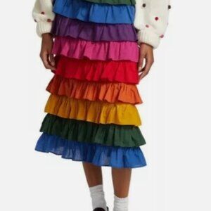 Farm Rio Colorblocked Multi Tiered Midi Skirt Rainbow Midi S $160